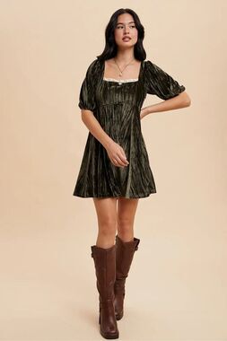 In Loom Olive Green Crushed Velvet Milkmaid Mini Dress Size Small
